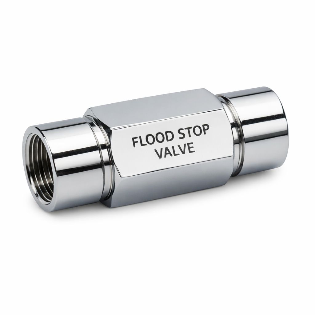Flood stop valve that automatically shuts off water supply during a hose failure