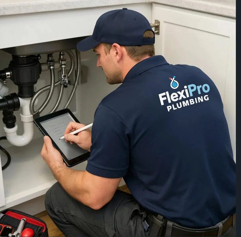 FlexiPro plumber inspecting flexi hose connections under a kitchen sink