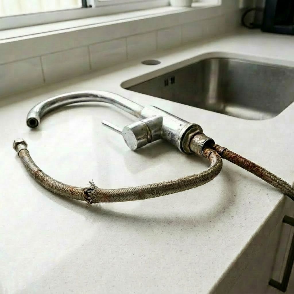 Deteriorated flexi hoses on a removed mixer tap showing age and corrosion