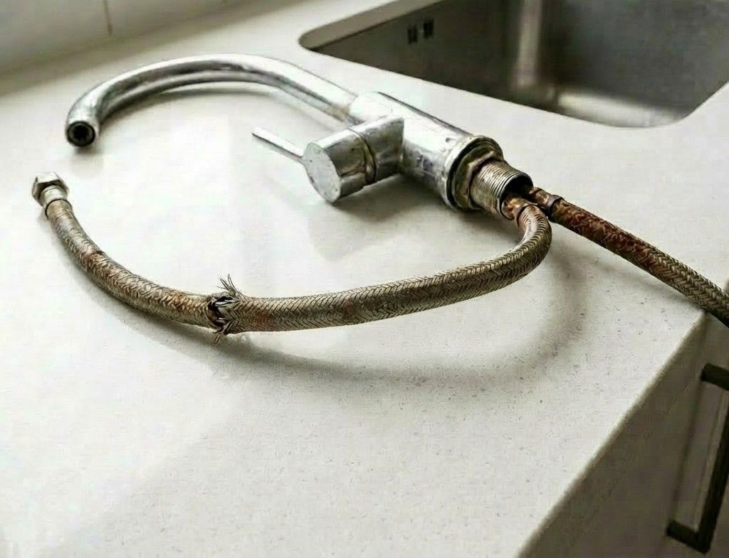 Removed mixer tap with heavily deteriorated flexi hoses showing corrosion and fraying