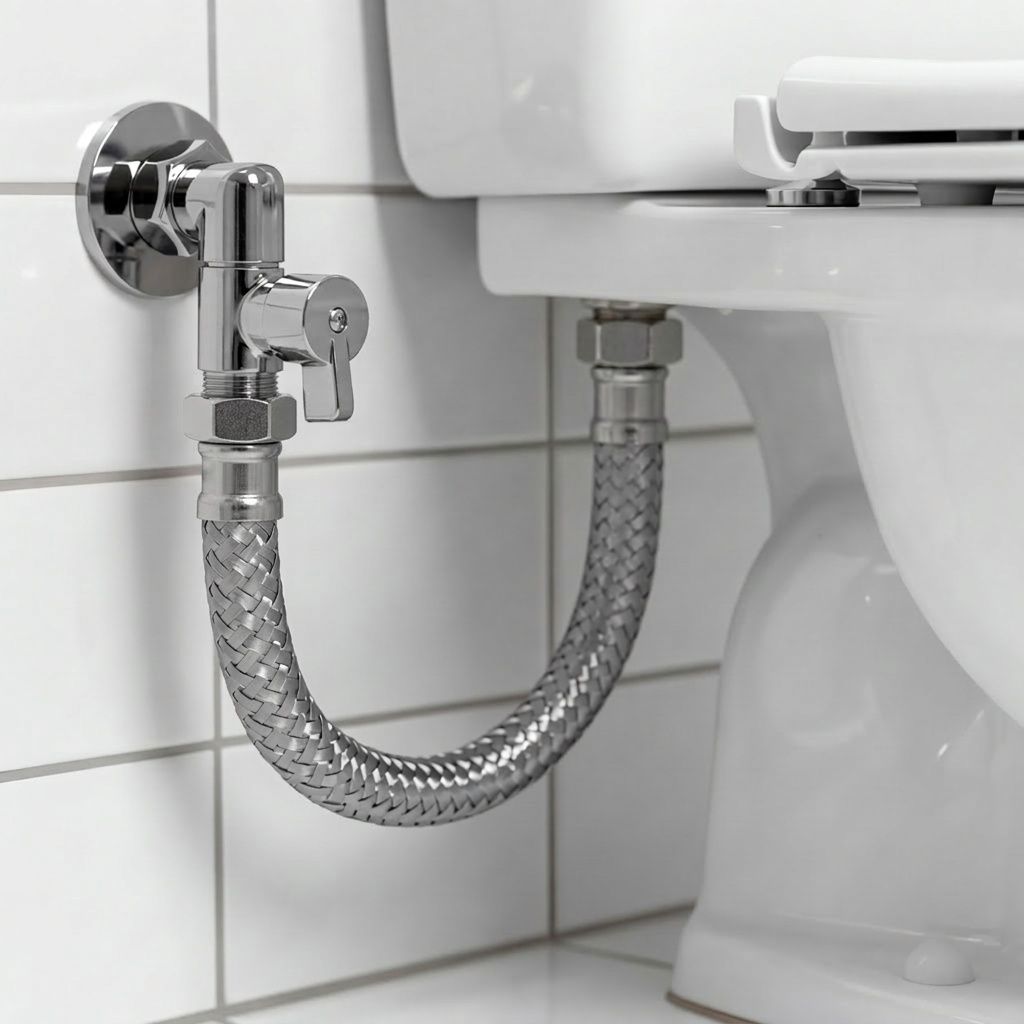 Braided flexi hose connected to a toilet cistern, showing a typical installation point
